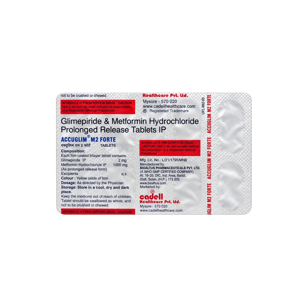 Accuglim M2 Forte blister pack with printed pharmaceutical details