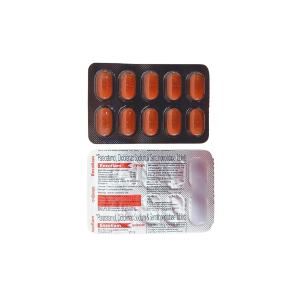 Diclofenac Sodium , Paracetamol & Serratiopeptidase 390mg Front & Back Strip View